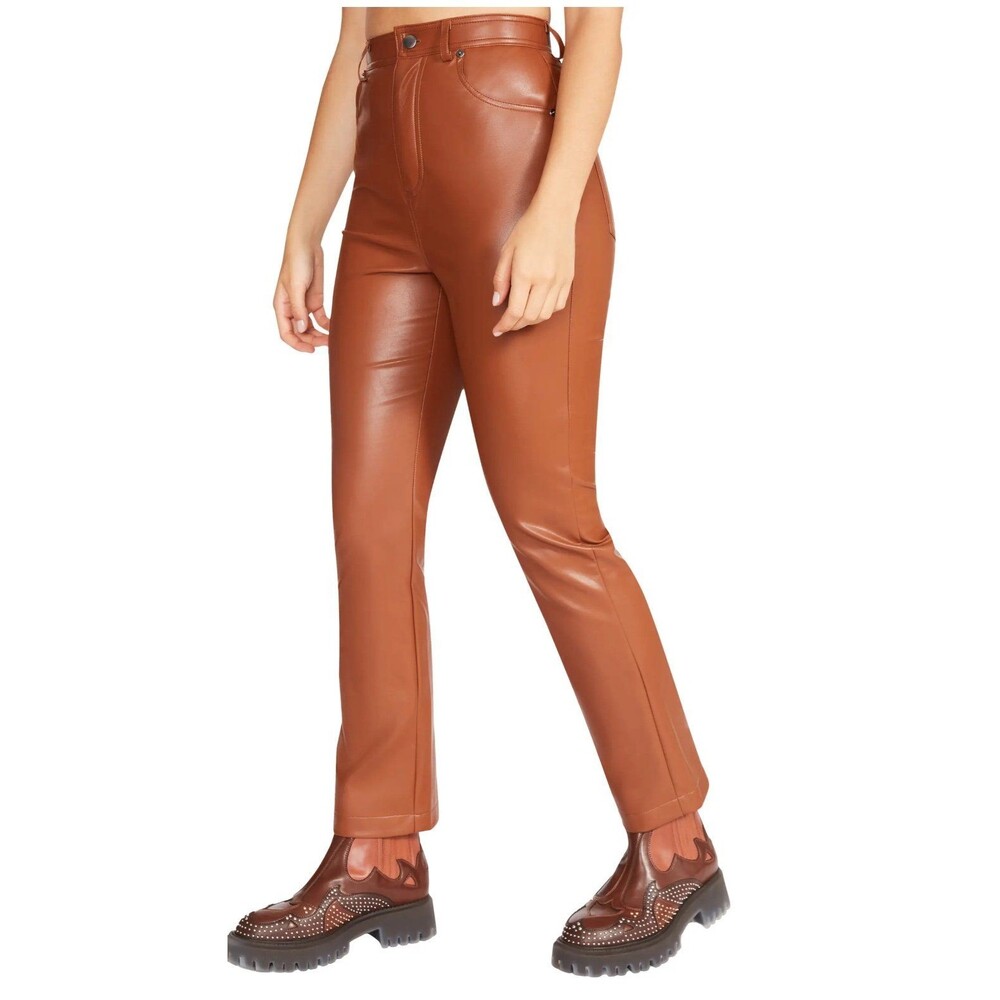 STEVE MADDEN Josie Faux Leather Pants Women's 26 Cognac Zip Fly & Button Closure